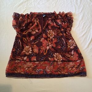 Boho Floral Ruffle Sleeve Top - Burgundy & Rust